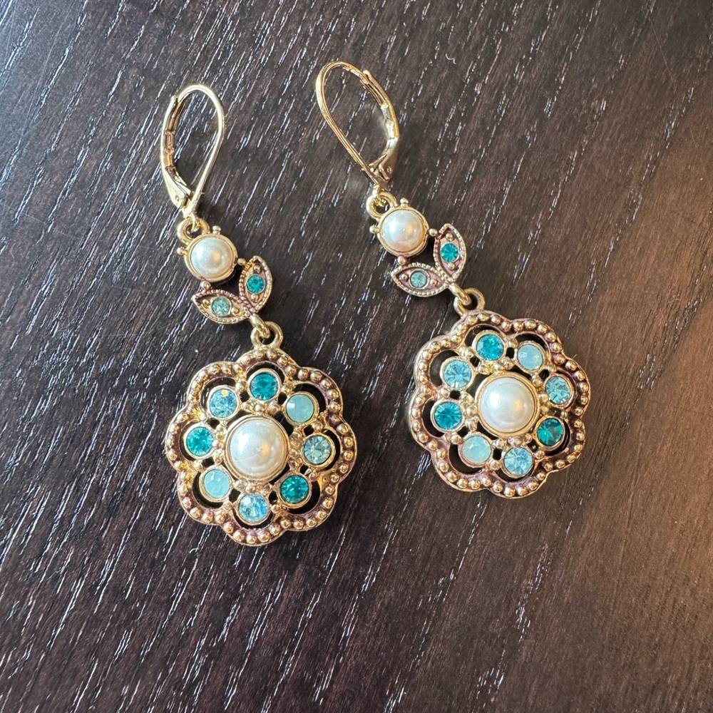 Elegant Gold and Teal Floral Earrings Faux Pearl Flower Jewelry